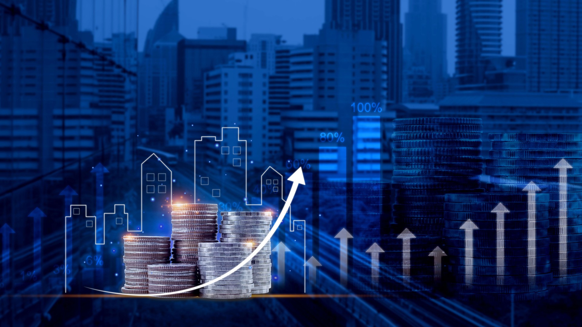 Real estate investment marketing analysis, Stack of coins with graph of business growth, Planning to increase profits doing business, Concept business prosperity and asset management.